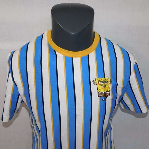 Nickelodeon Mens M  SpongeBob Squarepants Blue white Yellow Striped T Shirrt - Picture 2 of 7